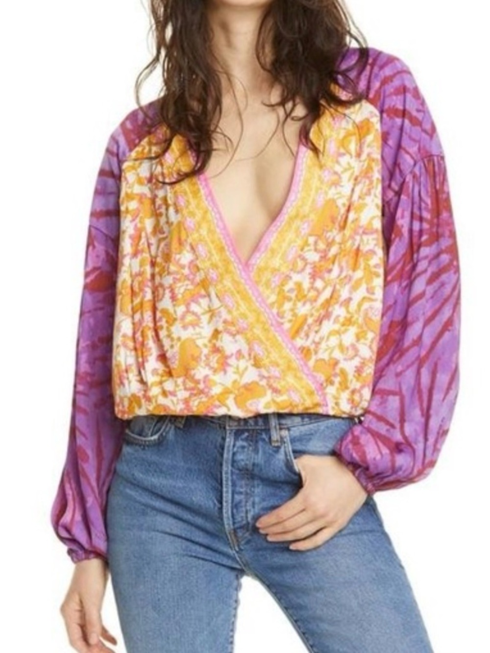 Free People Boho Floral Mixed-Print Blouse in Purple, Pink & Mustard